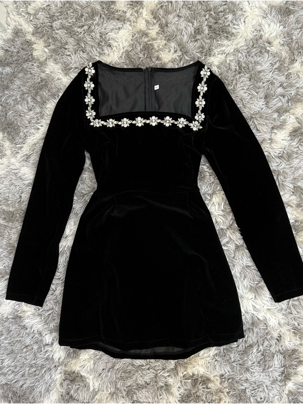 Black Velvet Long-Sleeve Mini Dress with Floral Trim - Picture 1 of 2